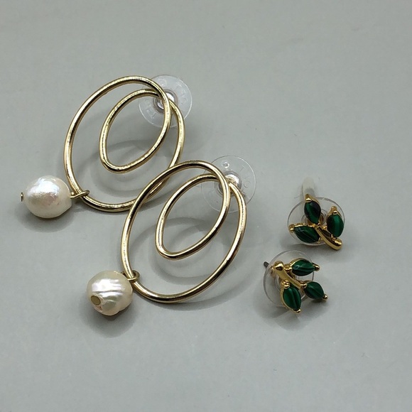 Loft cultured pearl earrings J.crew malachite leaf branch earrings bundle lot 2. - Picture 1 of 6